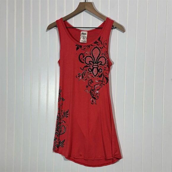 Vocal Red Fleur-de-Lis Rhinestone Tank Dress Tunic M Made USA Boho Western Biker - Picture 1 of 7